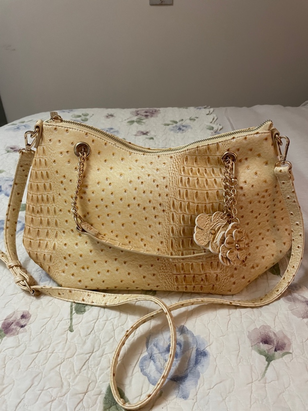 Cato Cream Croc & Ostrich-Style Shoulder Bag with Floral Charm